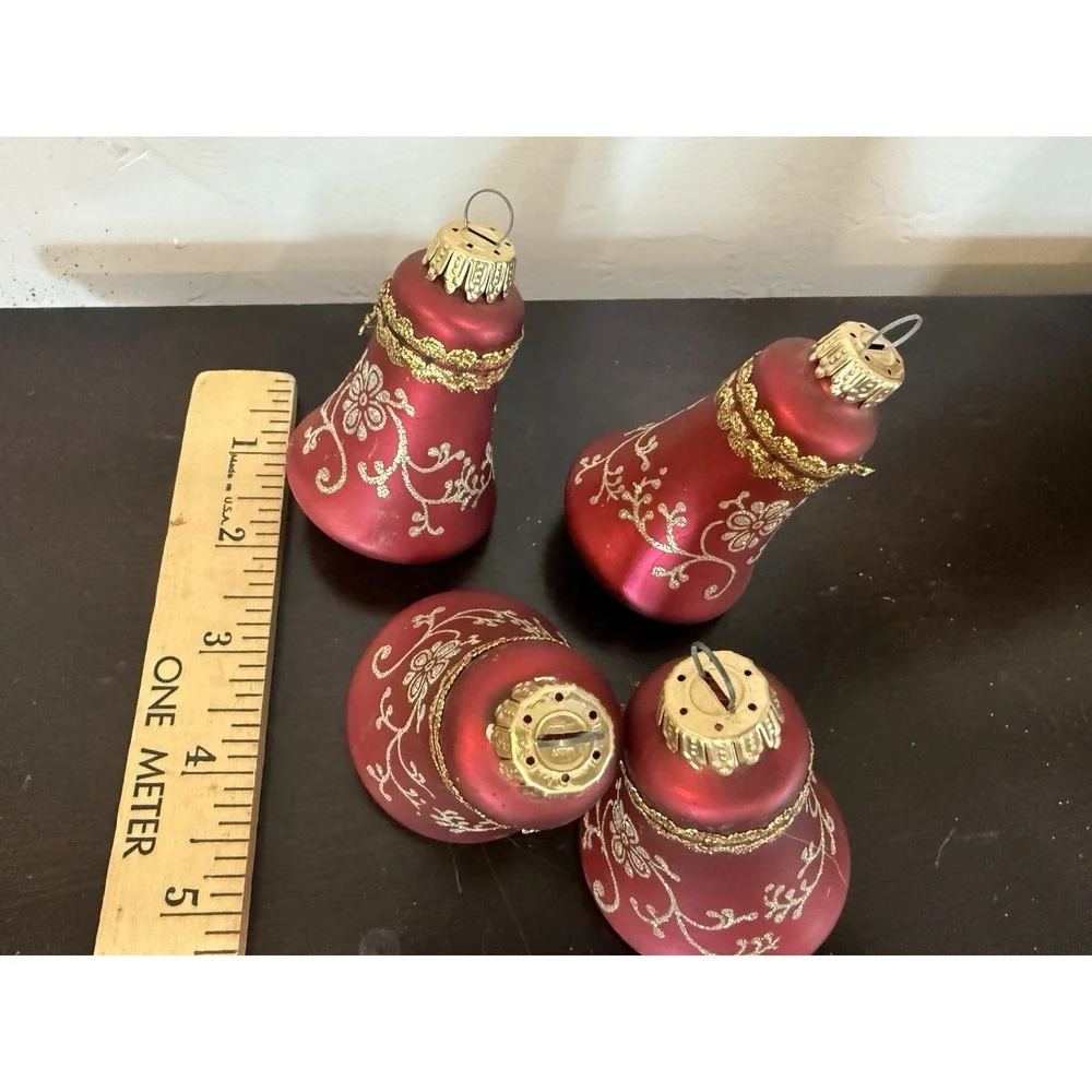CHRISTMAS BY KREBS Glass BELL Ornaments Red w/ Gold Glitter Set of 4 No Box